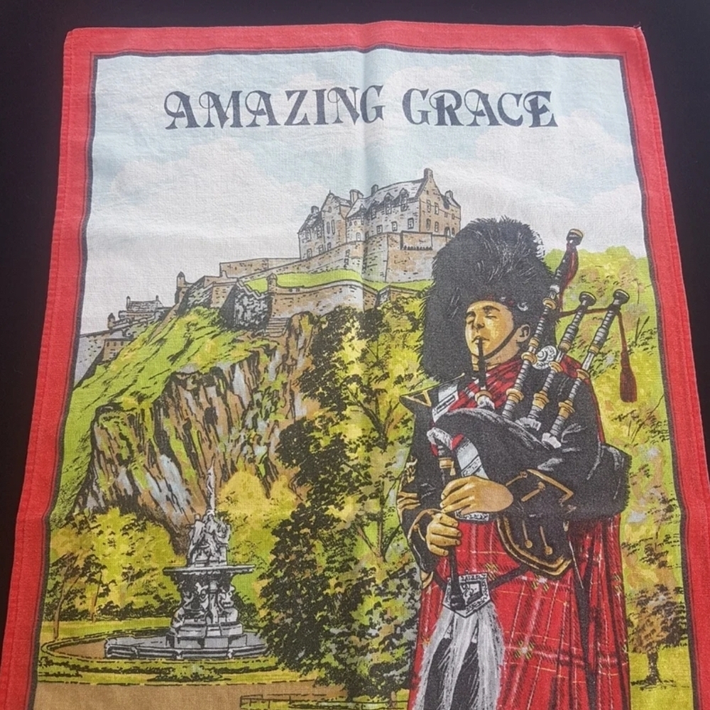 Amazing Grace Cotton Tea Towel, Scottish Bagpiper in Red Plaid, Made in UK